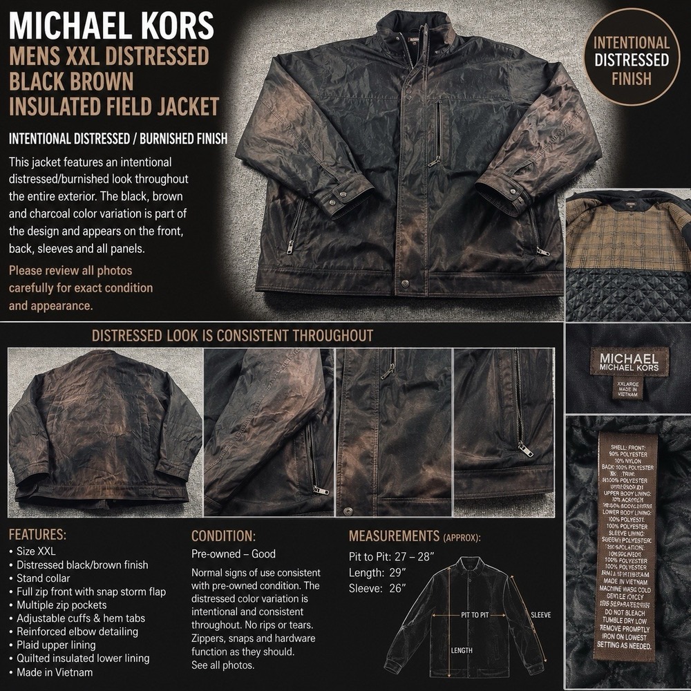 Michael Kors Mens XXL Distressed Black Brown Insulated Field Jacket Plaid Lined